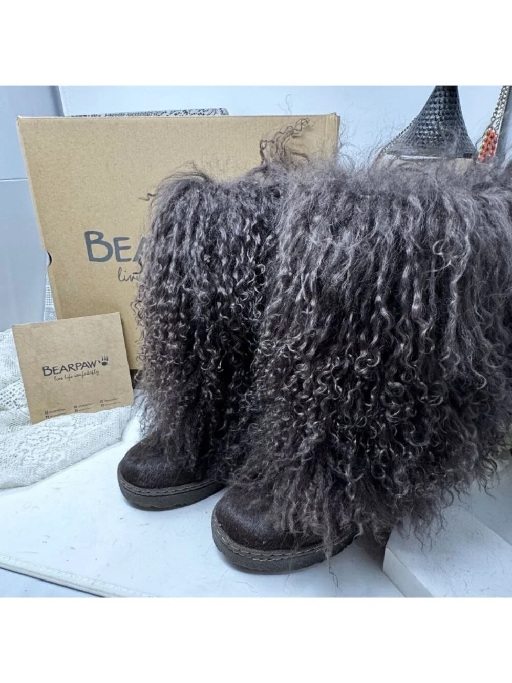 Bearpaw Boetis II Black Curly Lamb Fur Sheepskin Lined Mongolian Boots 6 Box
